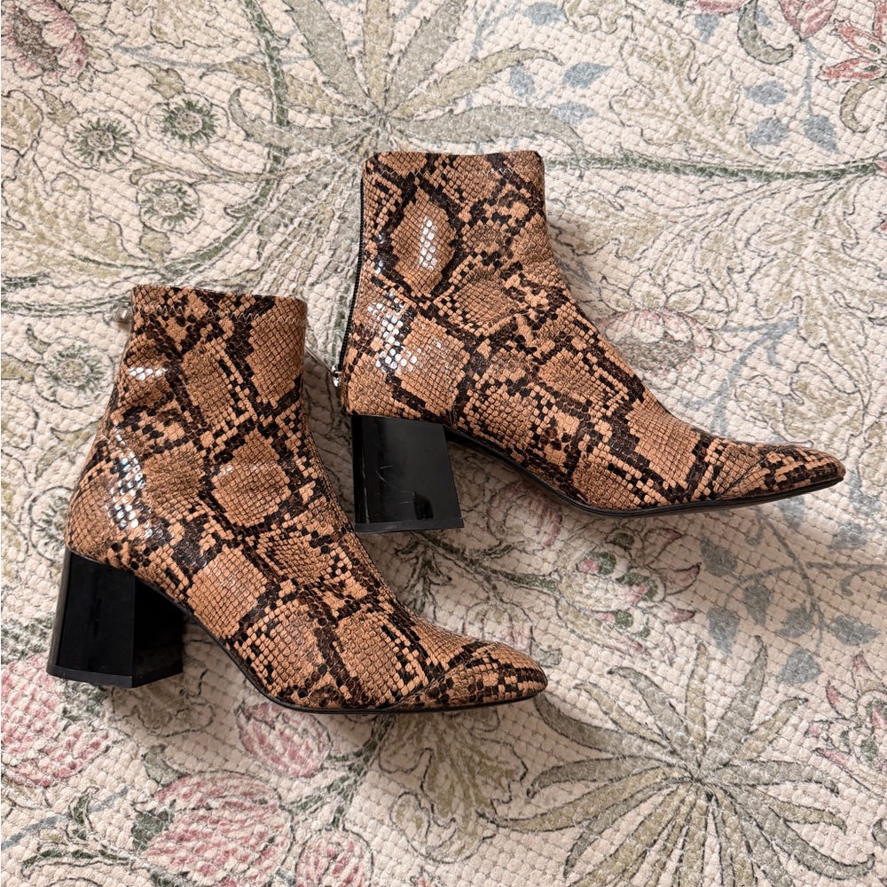 Zara Brown Snake-Print Ankle Booties with Block Heel